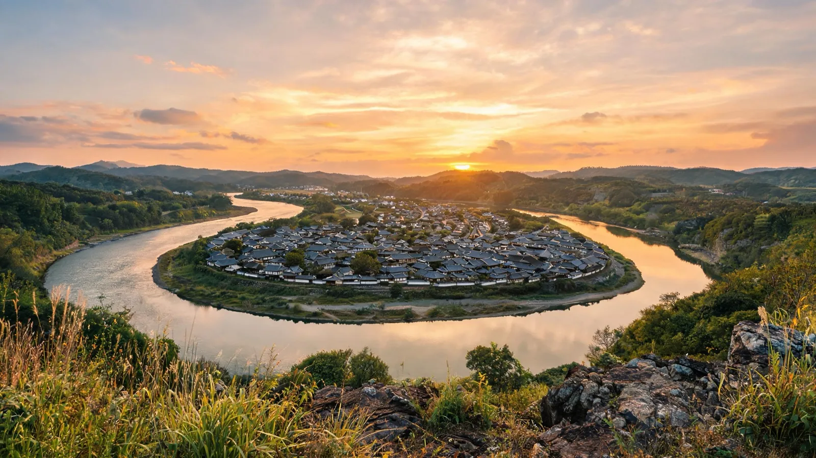 AI-generated travel image representing Hahoe Village and the Nakdong River