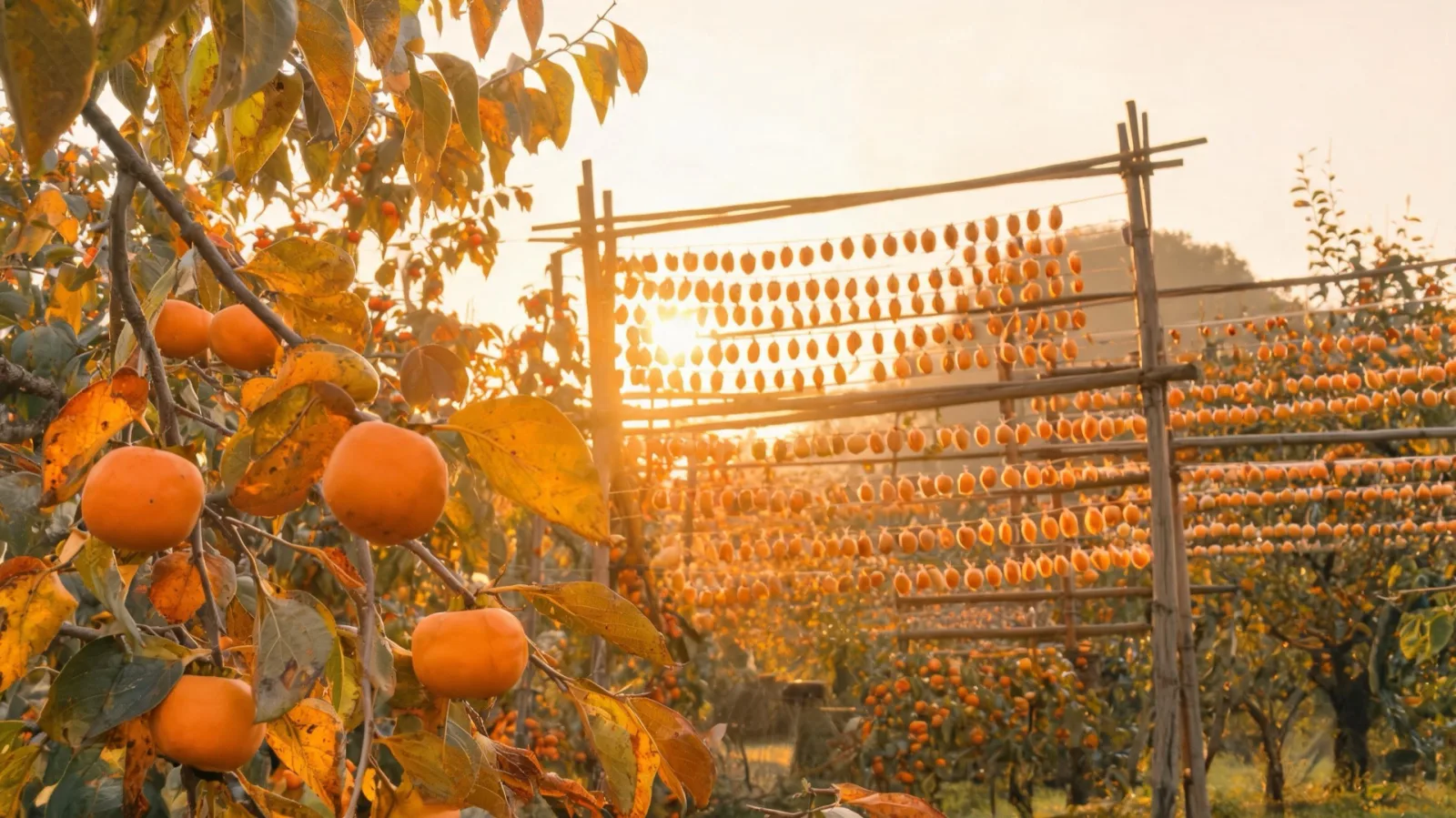 Yellow sweet persimmons and dried persimmons being dried