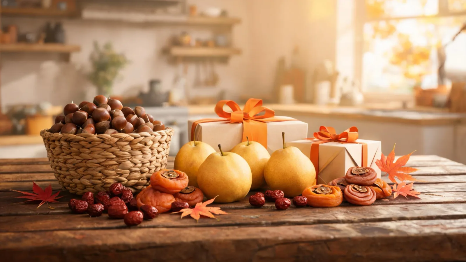 An autumn fruit and chestnut gift basket