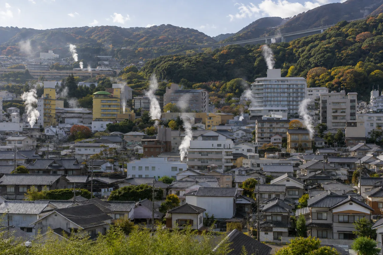 別府鐵輪溫泉街的灰瓦屋頂與淺色樓房之間,升起縷縷白色溫泉蒸氣。