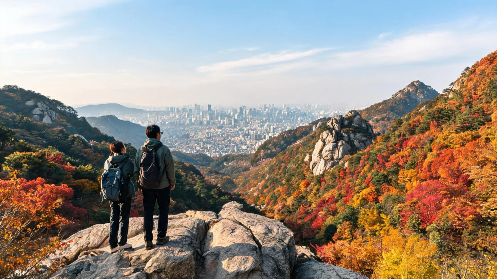 從北漢山楓紅展望臺眺望的首爾市中心與秋日山峰