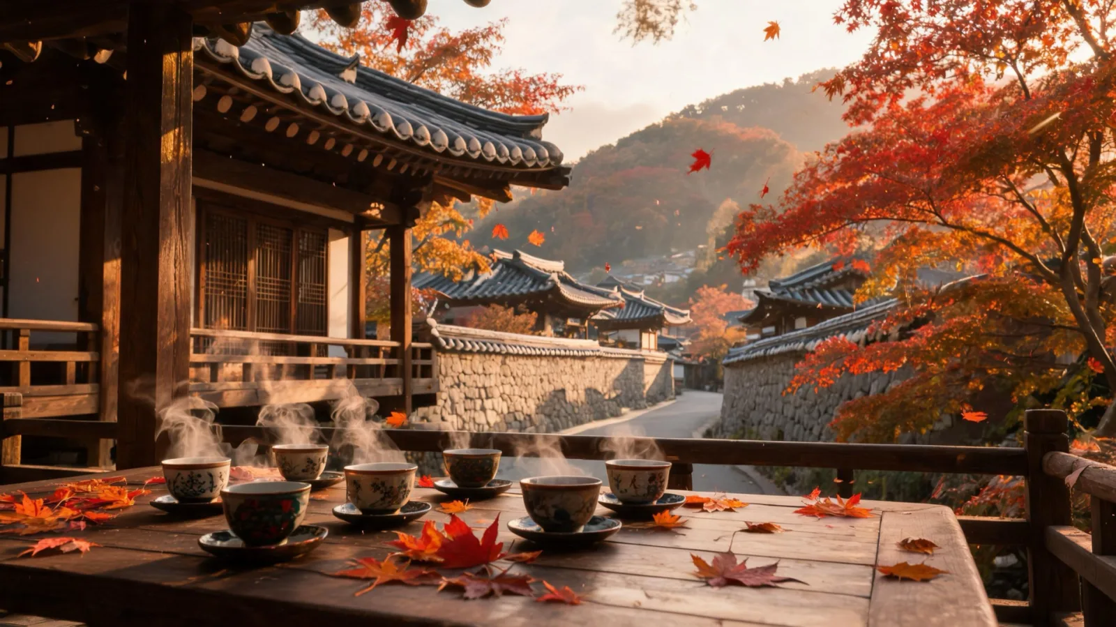 北漢山登山後在咖啡廳露臺喝著熱茶、欣賞楓紅景觀