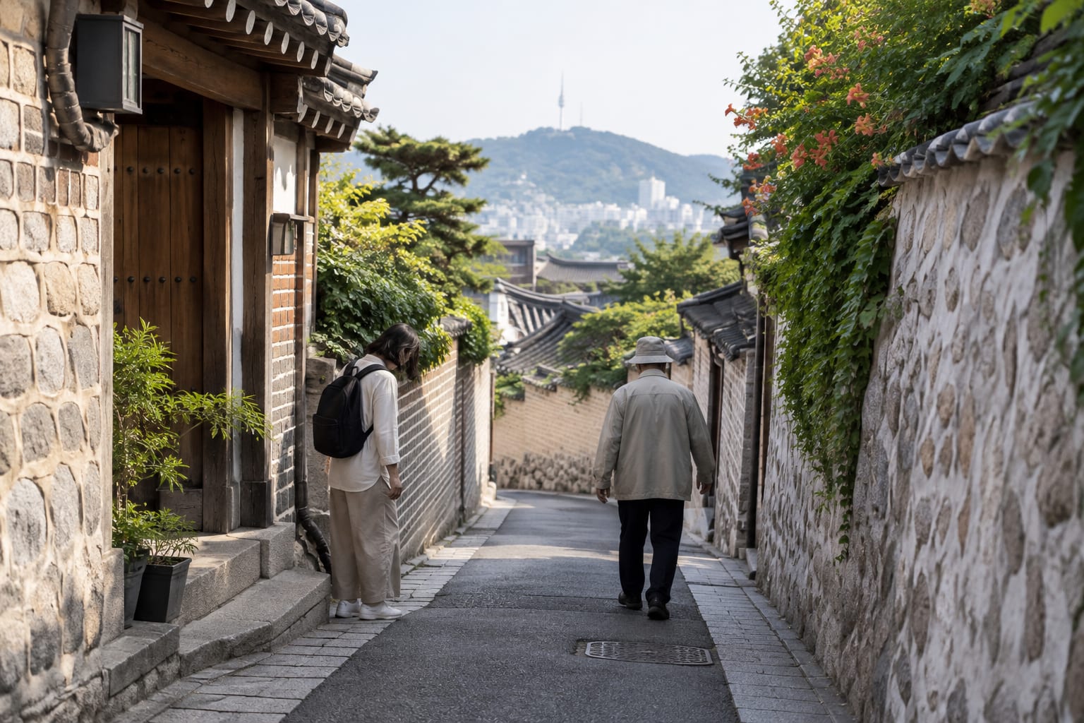 旅客在居民居住的村落巷弄中禮讓其他行人的情境