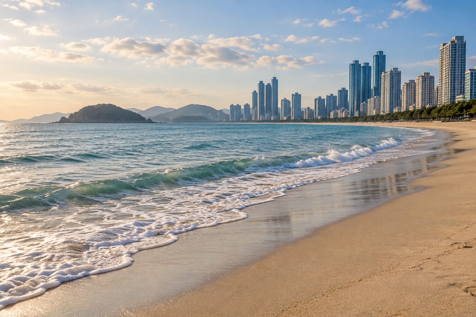 Haeundae Beach and a city skyline in daylight