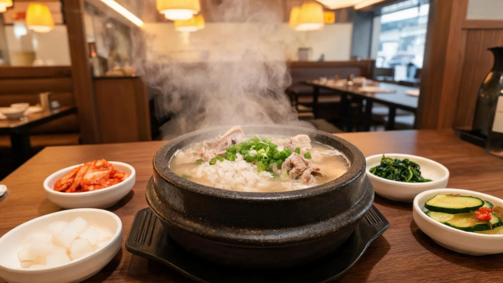 A steaming bowl of Busan pork soup rice with side dishes