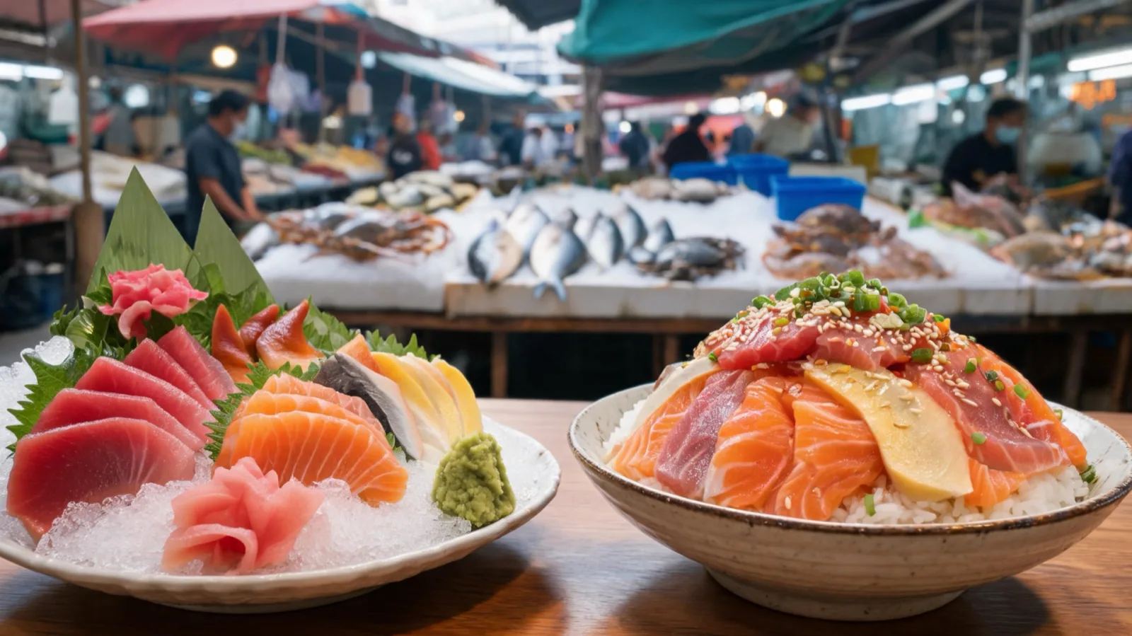 Freshly caught sashimi and seafood cold soup at Jagalchi Market