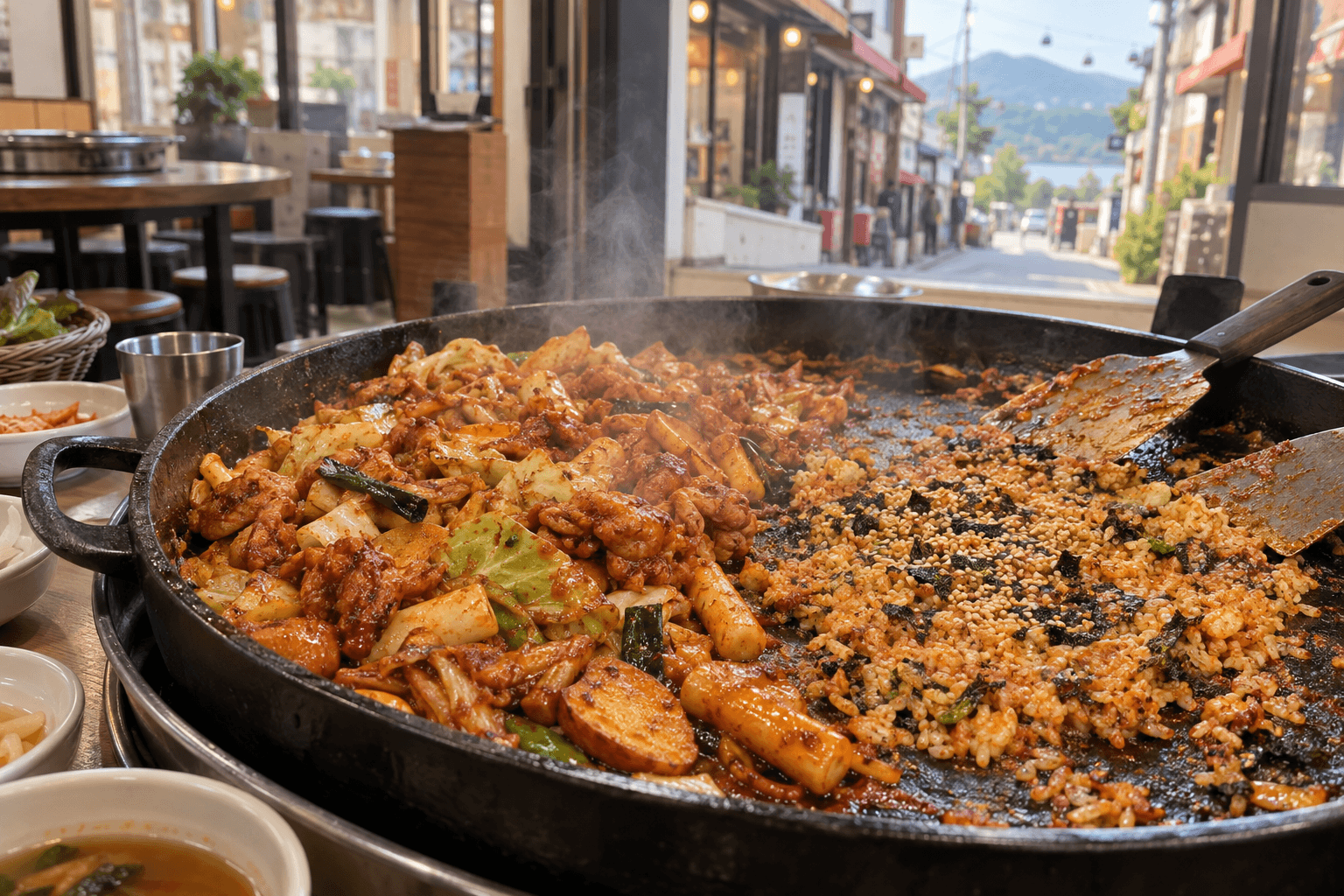 Iron-plate dakgalbi scene in Chuncheon's Myeongdong dakgalbi alley