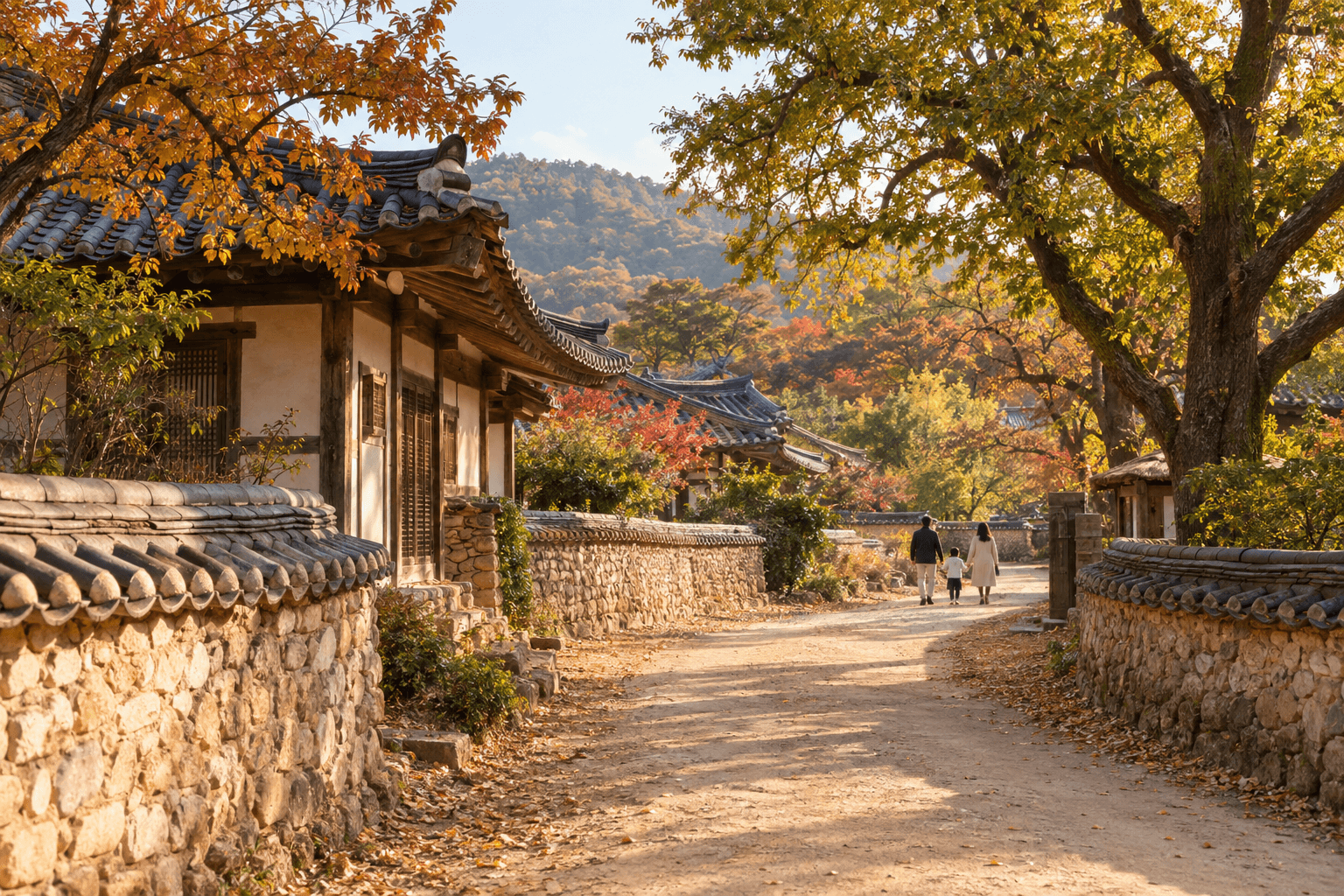 Example scene of a family strolling through a traditional village in the afternoon
