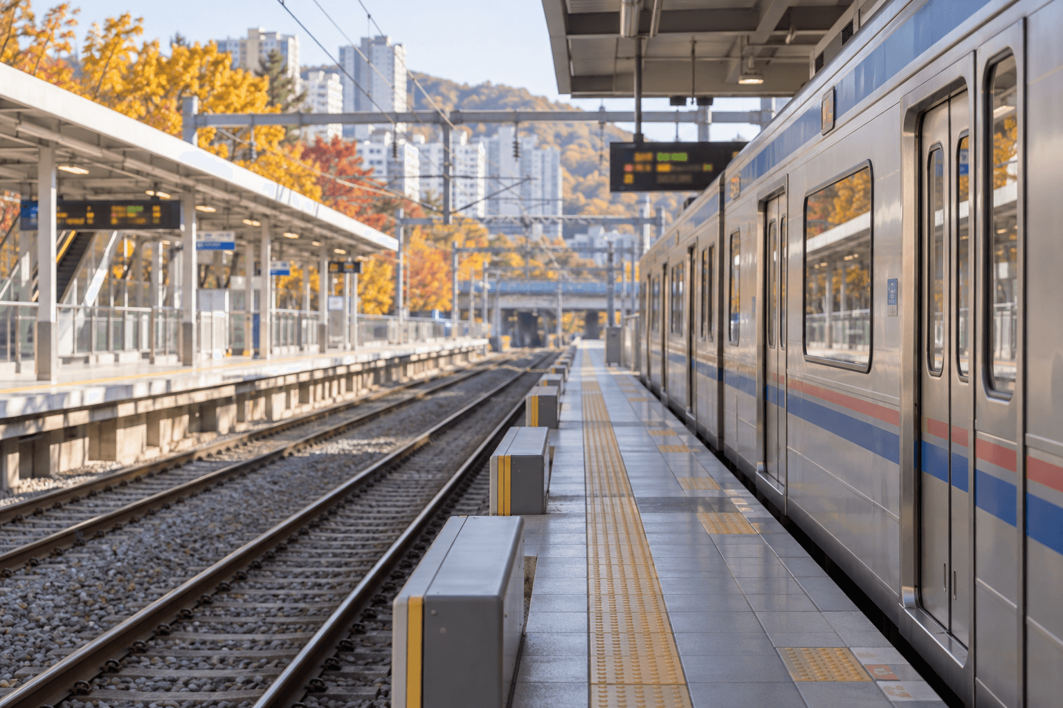 A train set standing at the platform of a major Seoul station