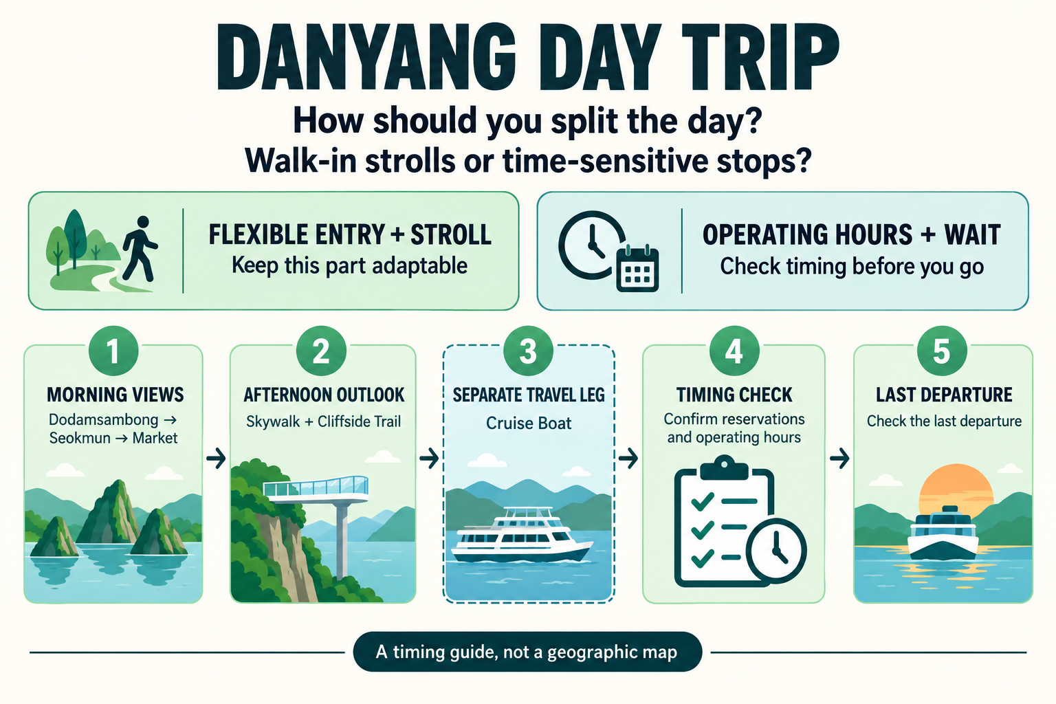 A diagram of how one Danyang day fits together and what to check at each spot