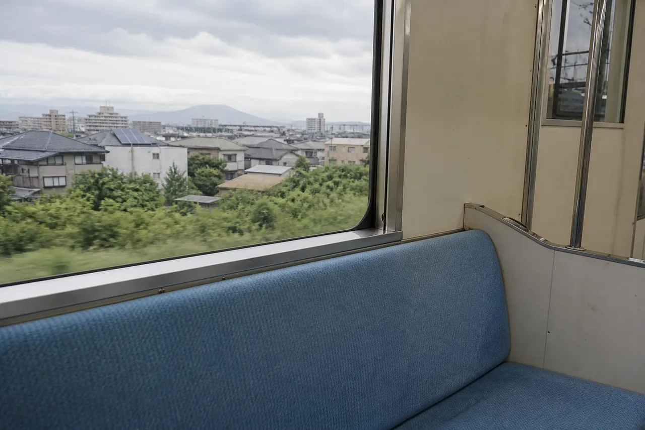 通勤電車的藍色座位,窗外可見郊區住宅。