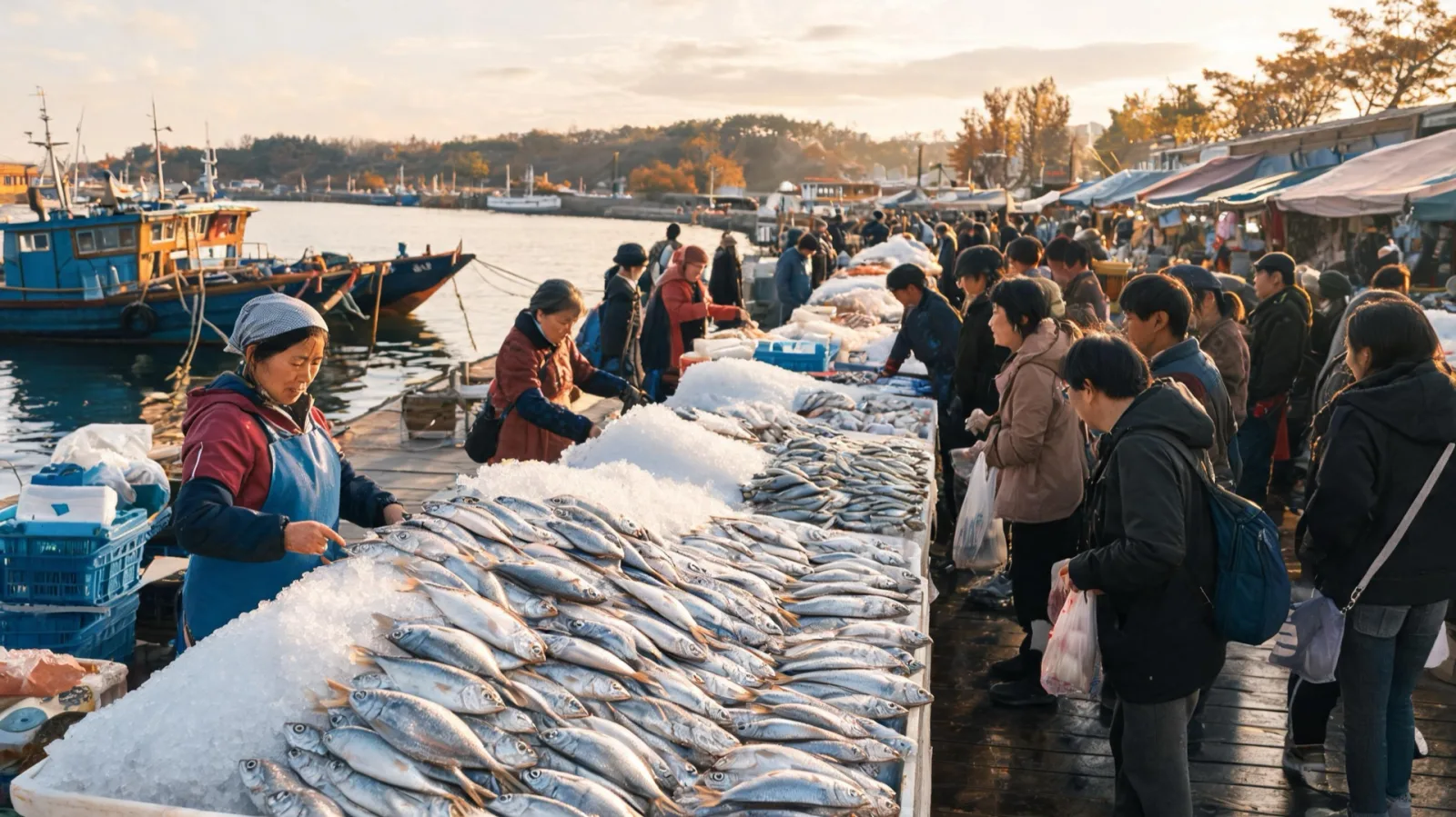 A port fish market scene at an autumn eul fish restaurant