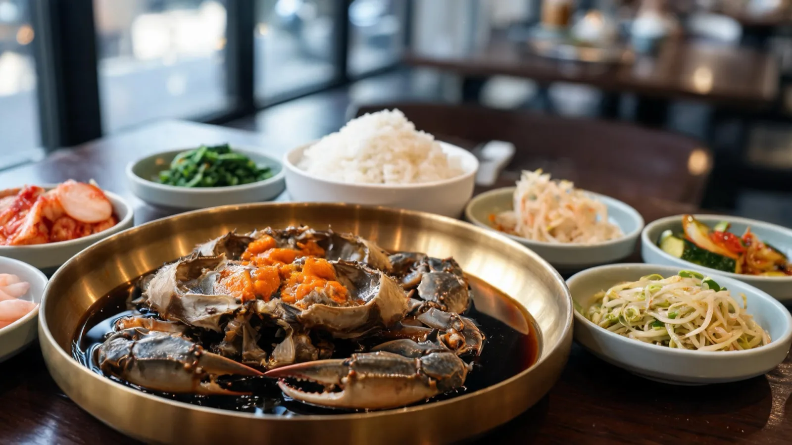 A table of soy-marinated crab, the "rice thief"