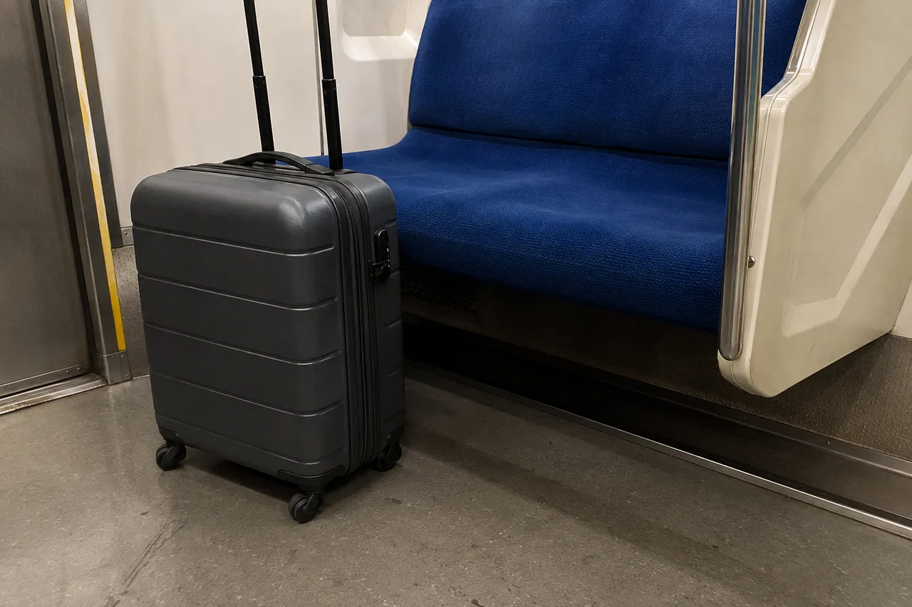 A suitcase beside a bench seat on a Japanese train