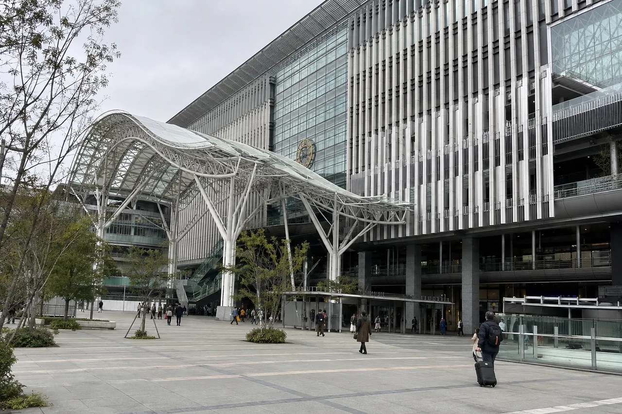 Curved glass canopy and white branching columns above the plaza outside Hakata Station