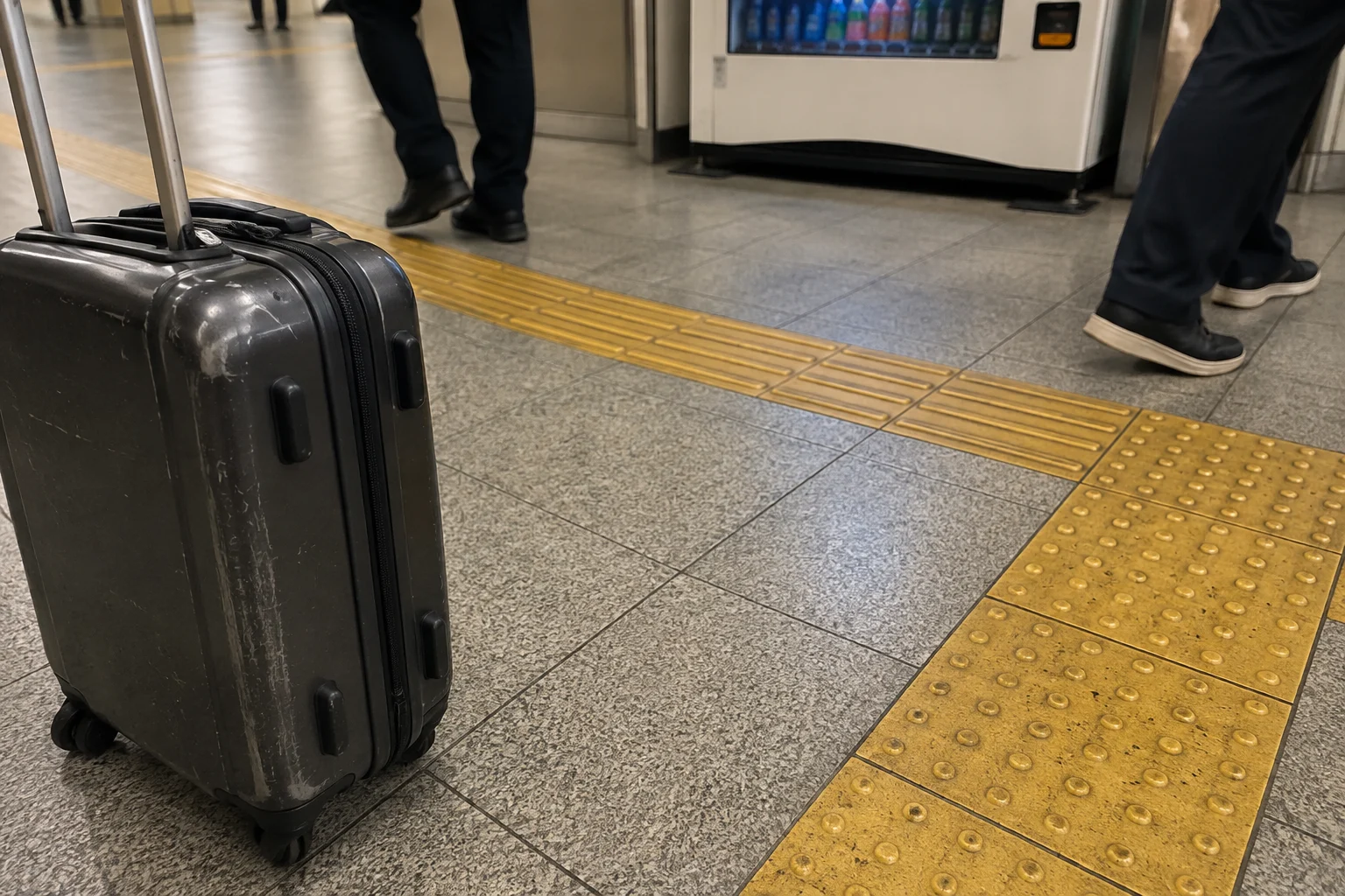 A suitcase beside tactile paving on a station concourse as people pass