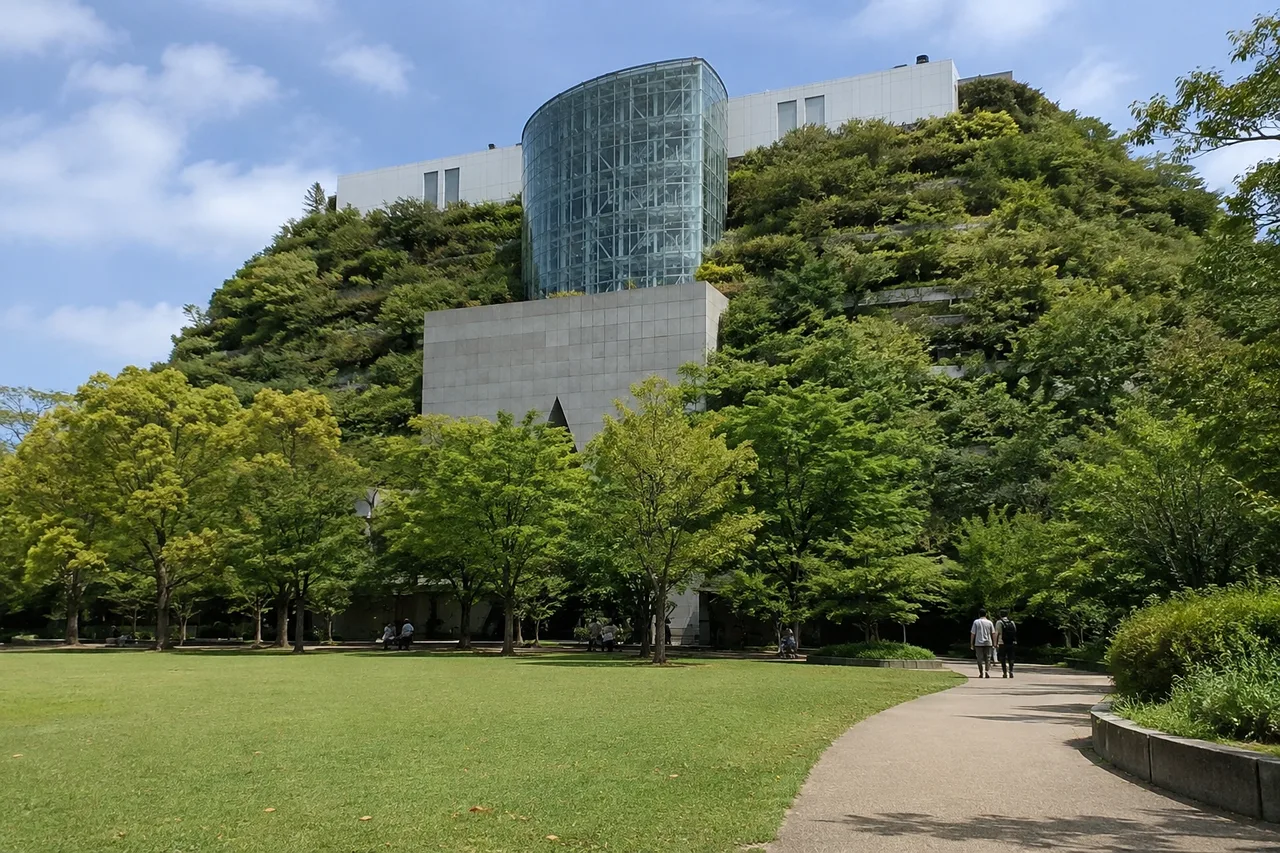 Planted terraces and the curved glass atrium of ACROS Fukuoka viewed from Tenjin Central Park