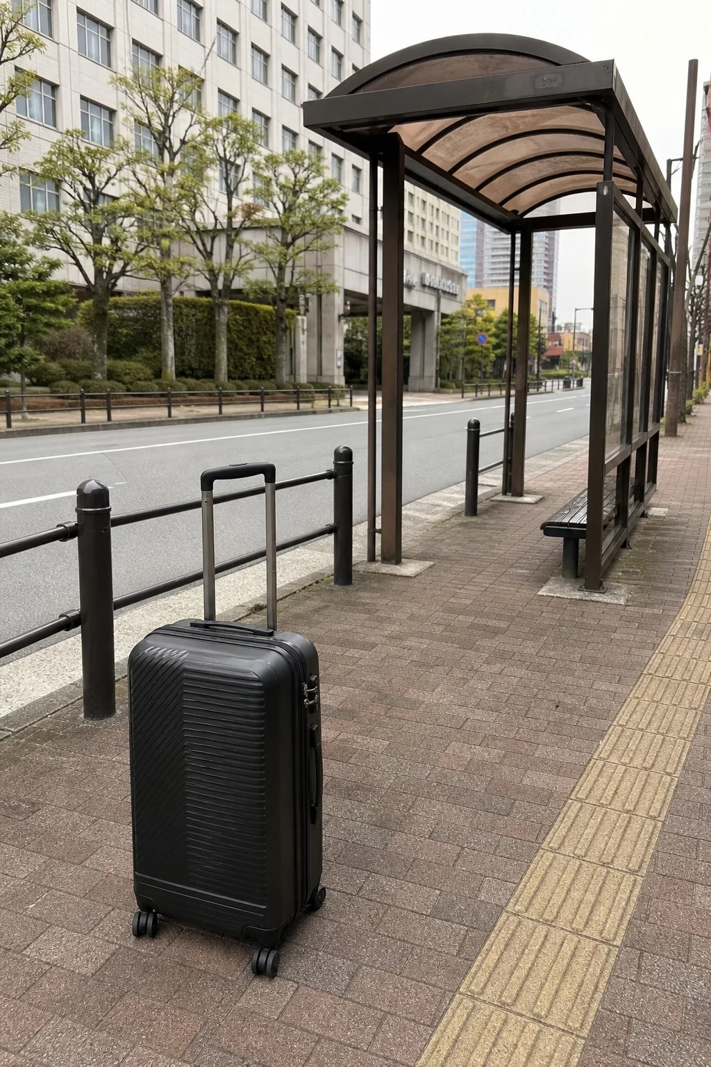 Suitcase at an ordinary bus stop