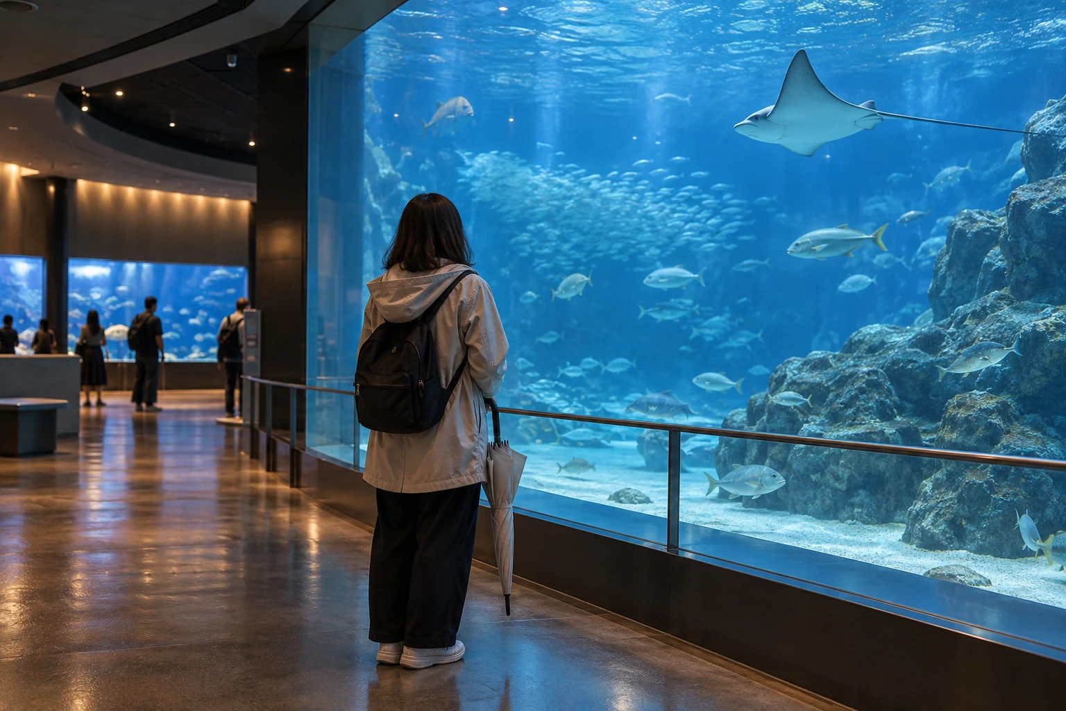 A traveler with a folded umbrella looks at a large aquarium tank