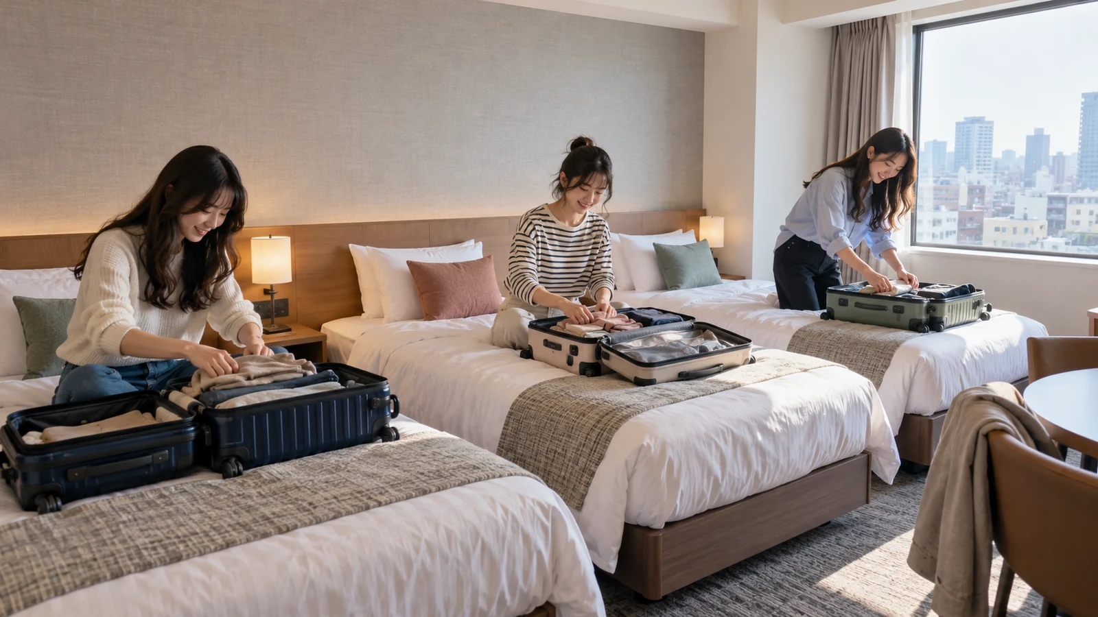 Three adult travelers packing suitcases on three beds in a generic hotel room