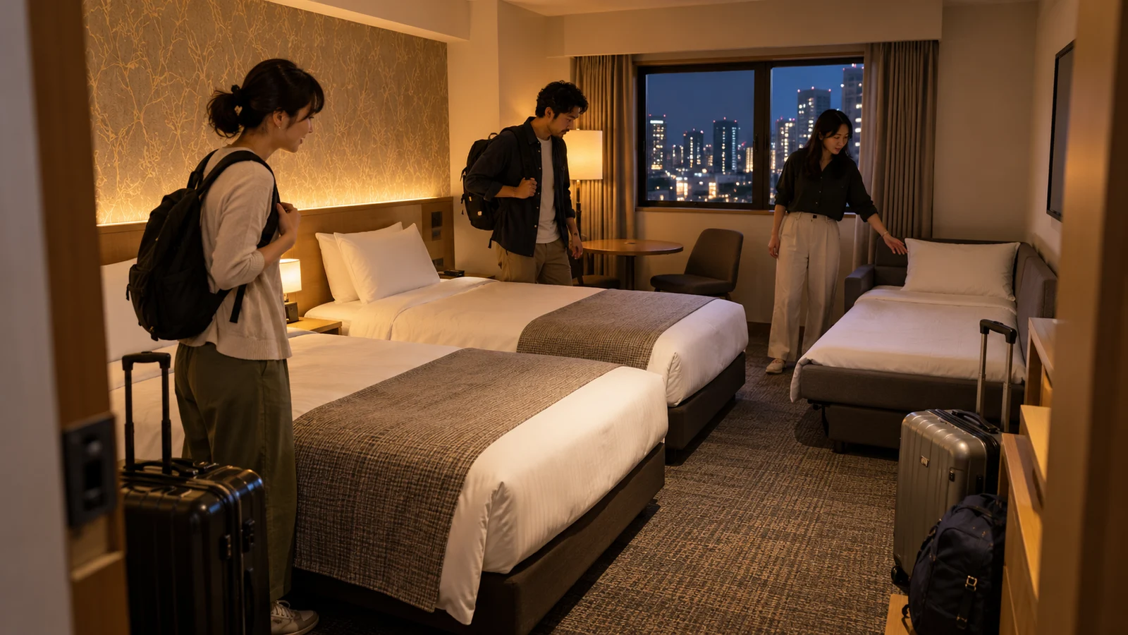 Two standard beds, an opened sofa bed and suitcases in a generic hotel room