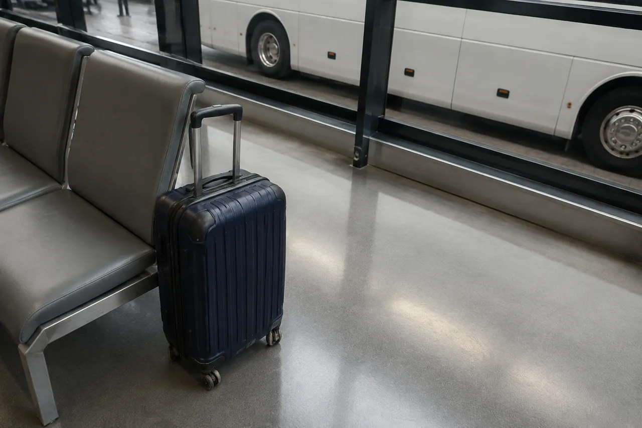 A suitcase beside a waiting bench with a coach outside the window