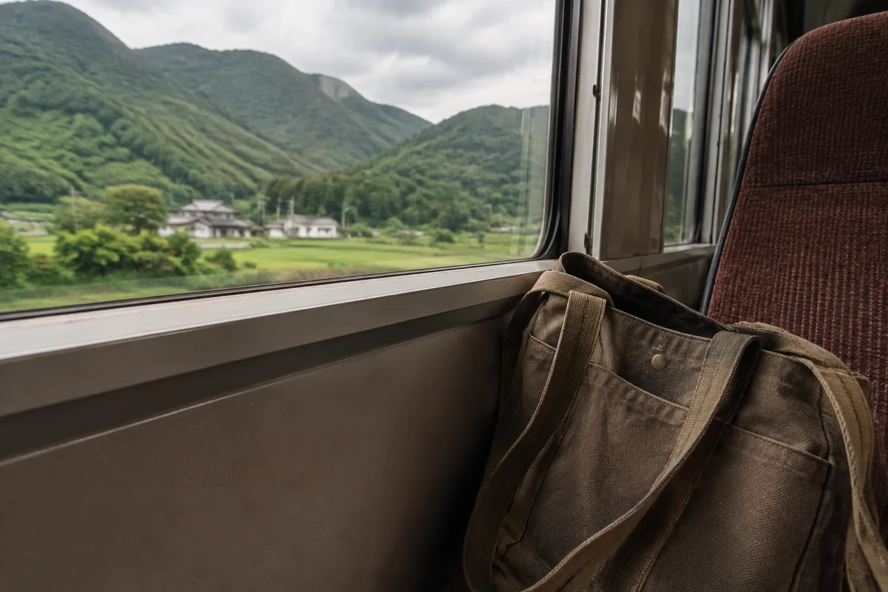 A canvas bag beside a train window overlooking green hills