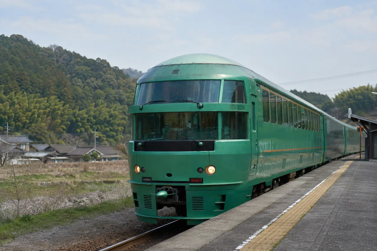 The rounded green front and large windows of a Yufuin no Mori train beside a rural platform