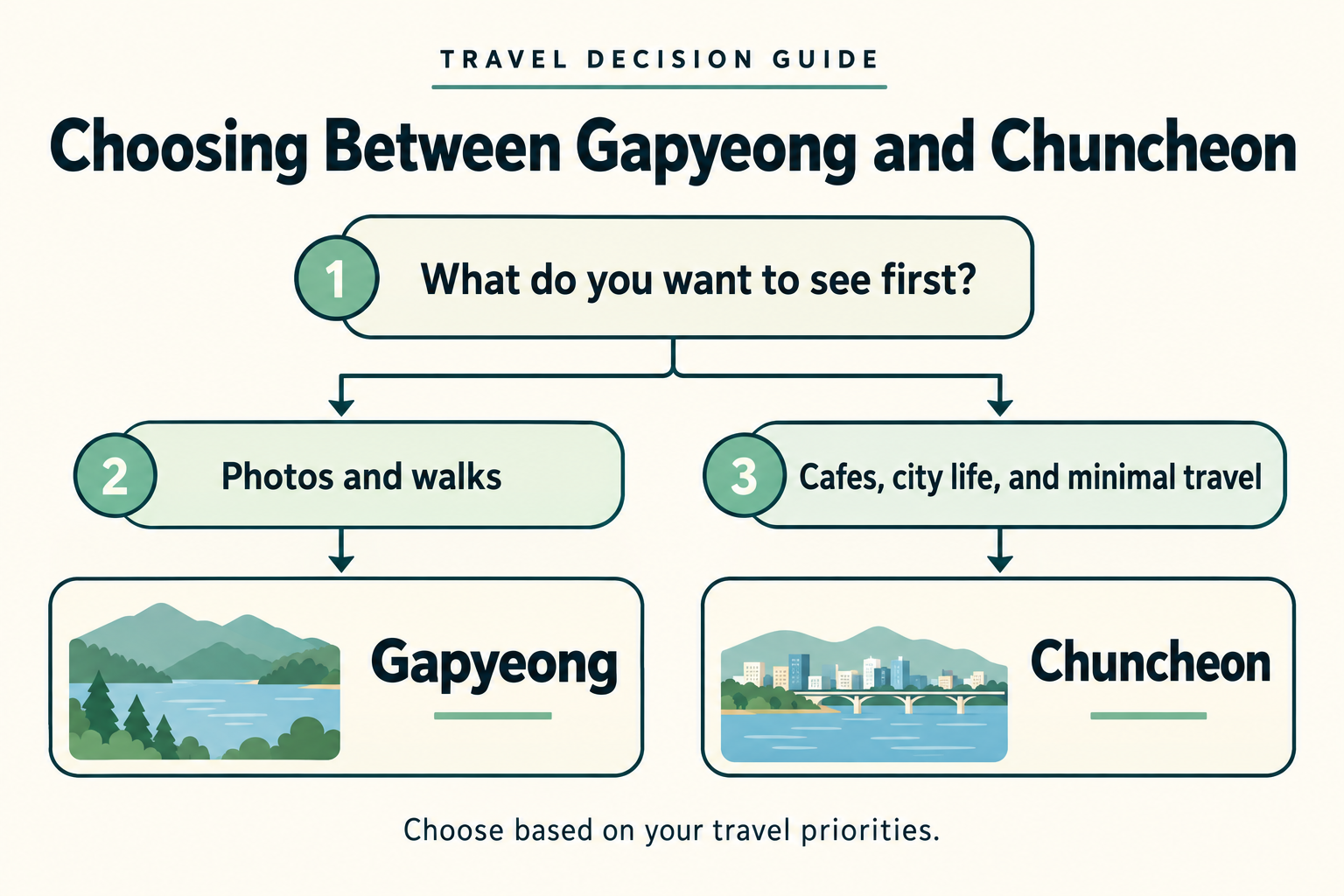 A diagram of the conditions to compare when choosing between Gapyeong and Chuncheon