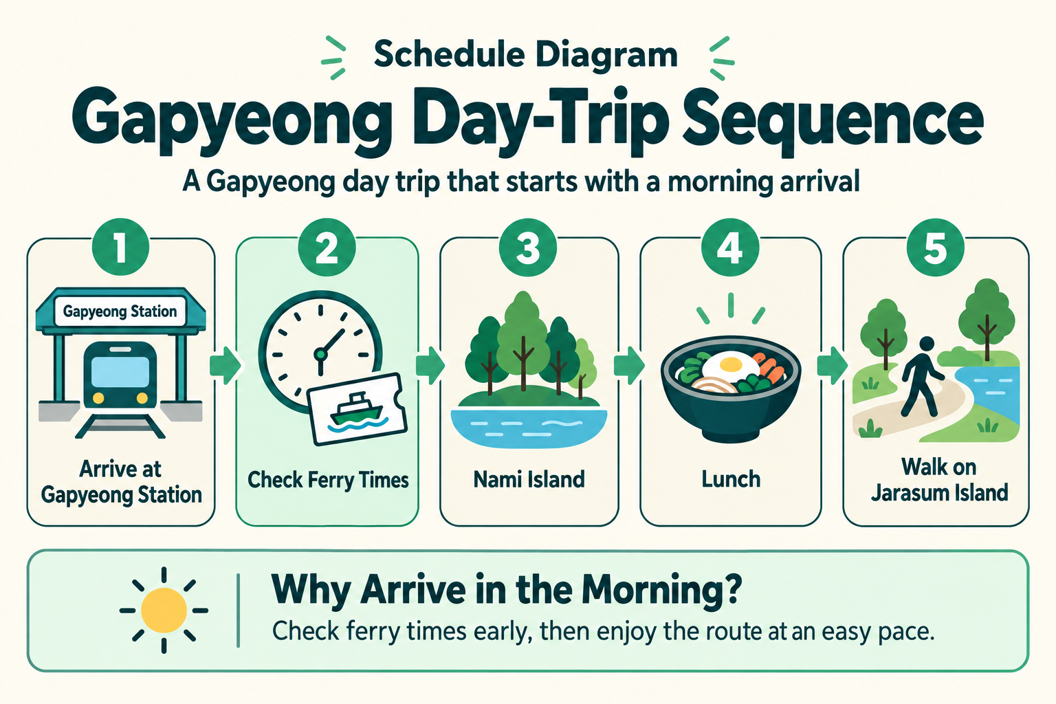 An itinerary diagram showing the order from Gapyeong Station arrival to Nami Island, lunch and Jara Island
