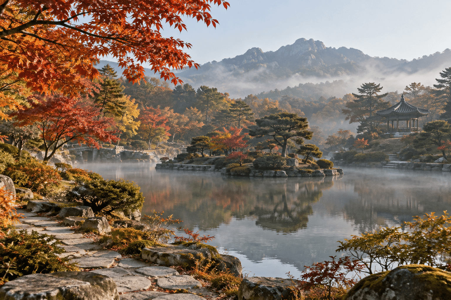 Example autumn foliage scene at Hagyeong Garden below Chungnyeongsan