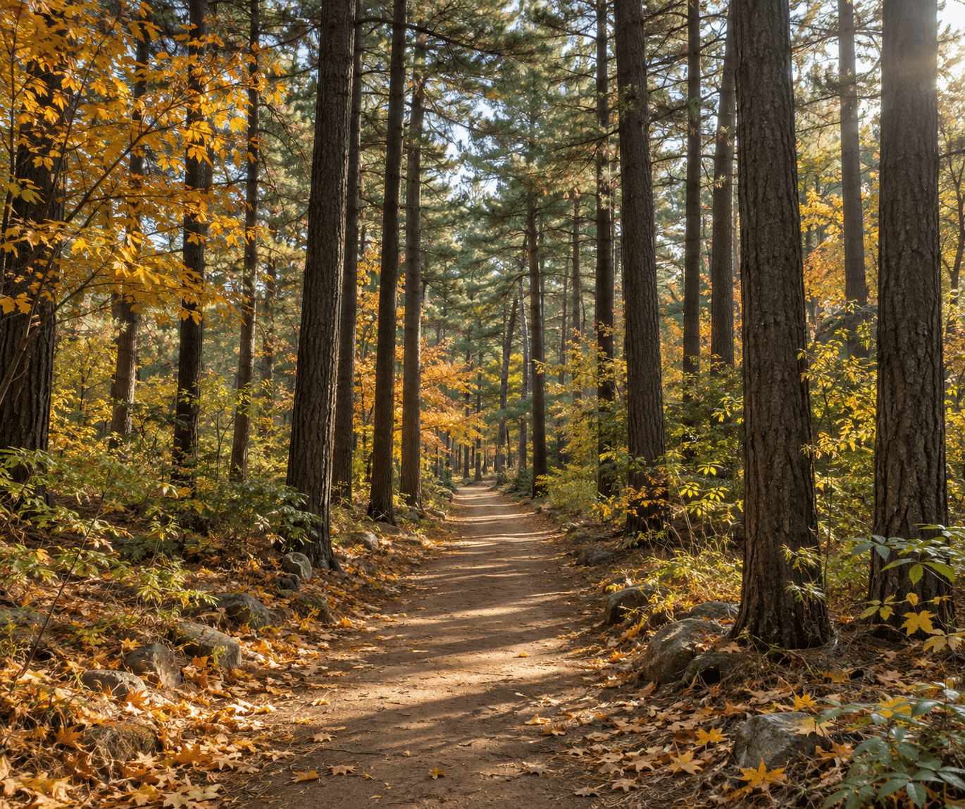 Example autumn scene on a foliage walk through the pine forest