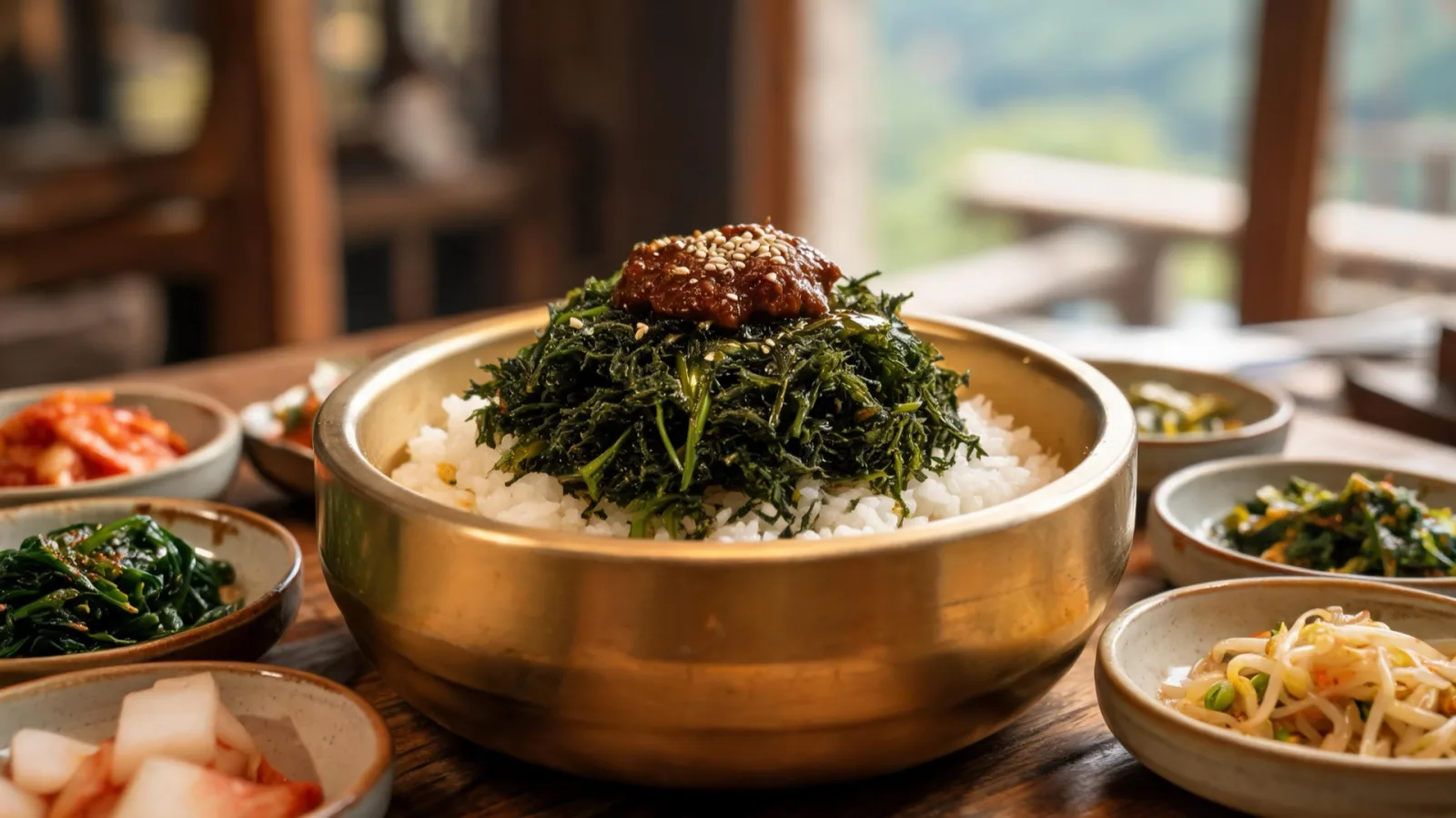 A table of gondre rice and herb side dishes