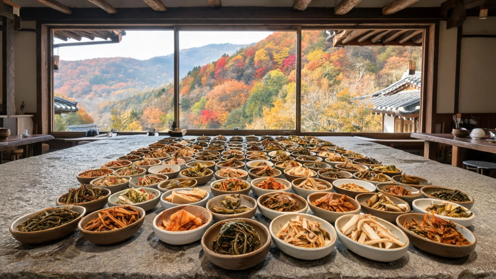 An autumn wild-vegetable set-meal spread