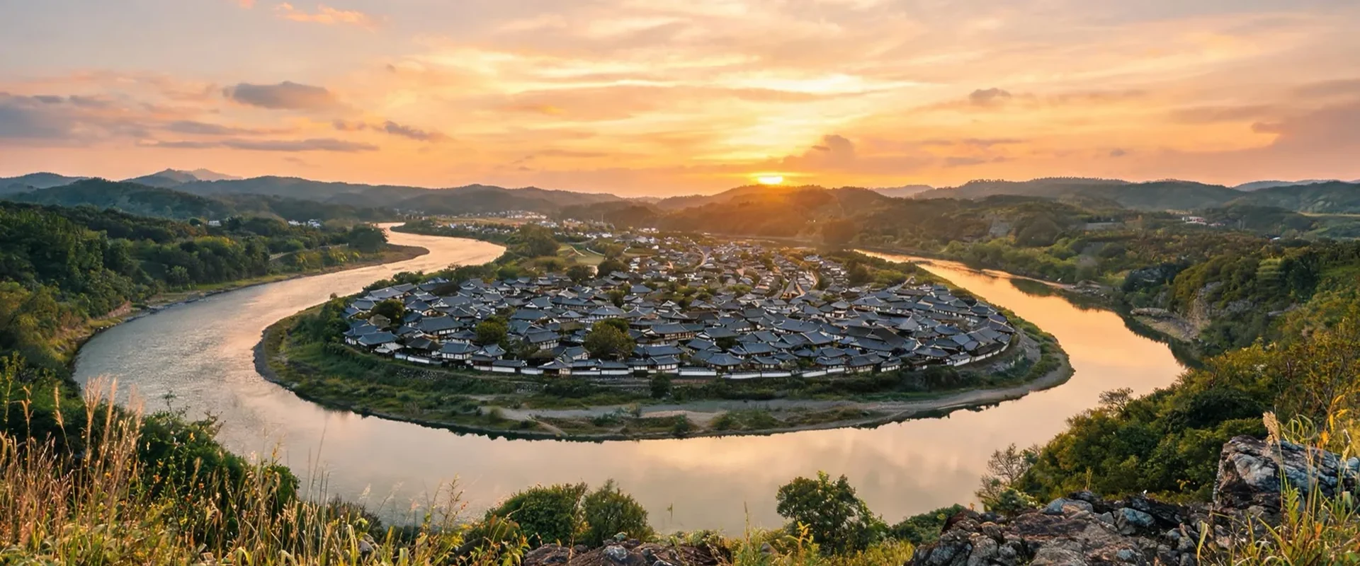 Illustrative sunset overview of Hahoe Village inside the river bend