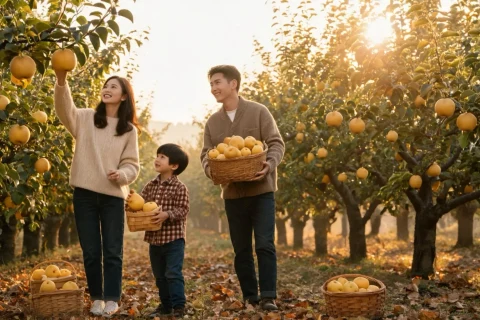 Illustrative autumn orchard-picking scene