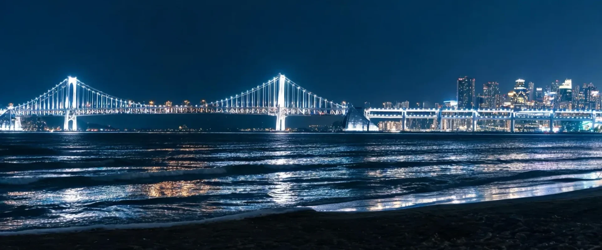 Gwangalli, with the Gwangandaegyo Bridge lights and night view spread over the night sea