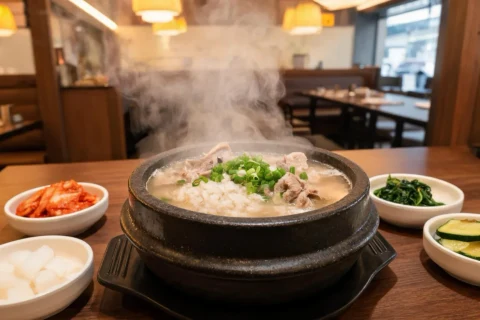 A steaming bowl of Busan pork soup rice with side dishes