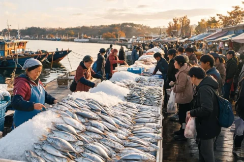 A port fish market restaurant scene in autumn