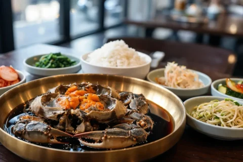A table of soy-marinated crab, the "rice thief"