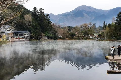 Mist rising from Lake Kinrin on a cold morning in Yufuin