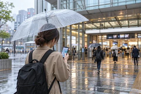 A traveler checks the weather outside a covered city station on a rainy day