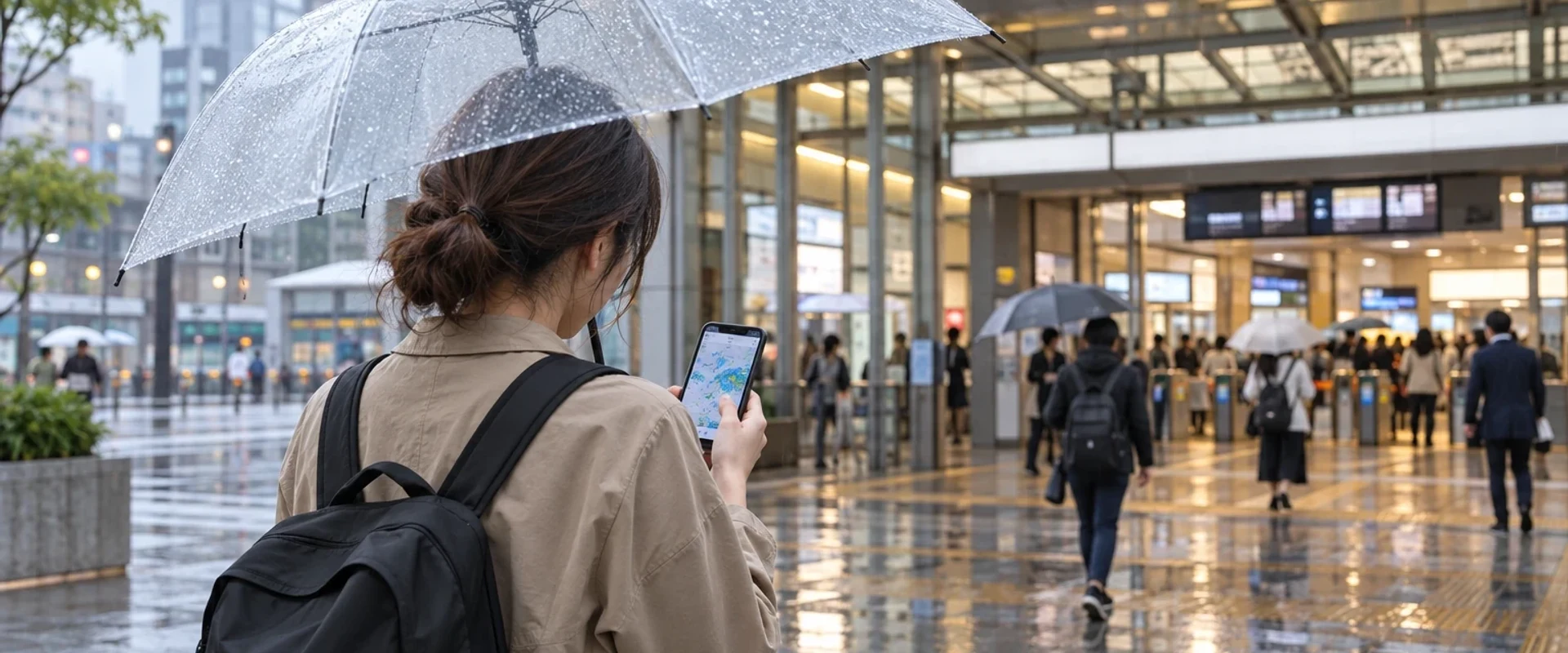 A traveler checks the weather outside a covered city station on a rainy day