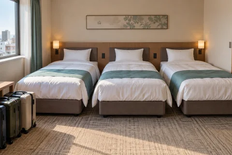 Three separate single beds and three suitcases in a city hotel room