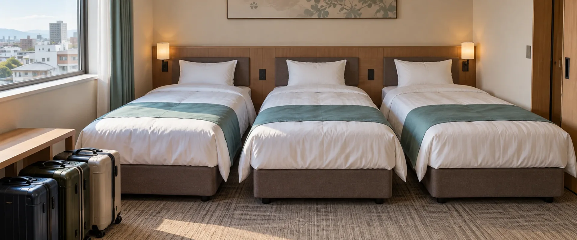 Three separate single beds and three suitcases in a city hotel room