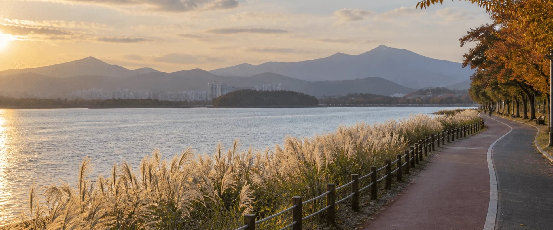鏡浦湖湖畔步道的秋季場景示例