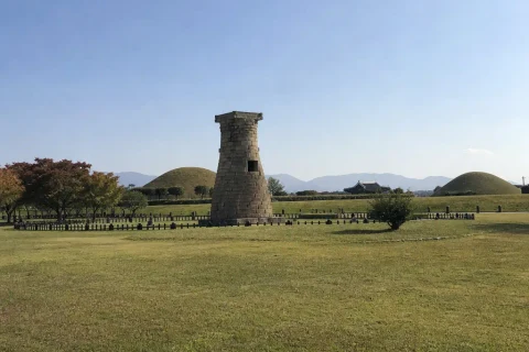 Cheomseongdae observatory framed by royal tombs and grass in Gyeongju
