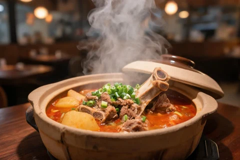 A steaming Korean-style meat stew