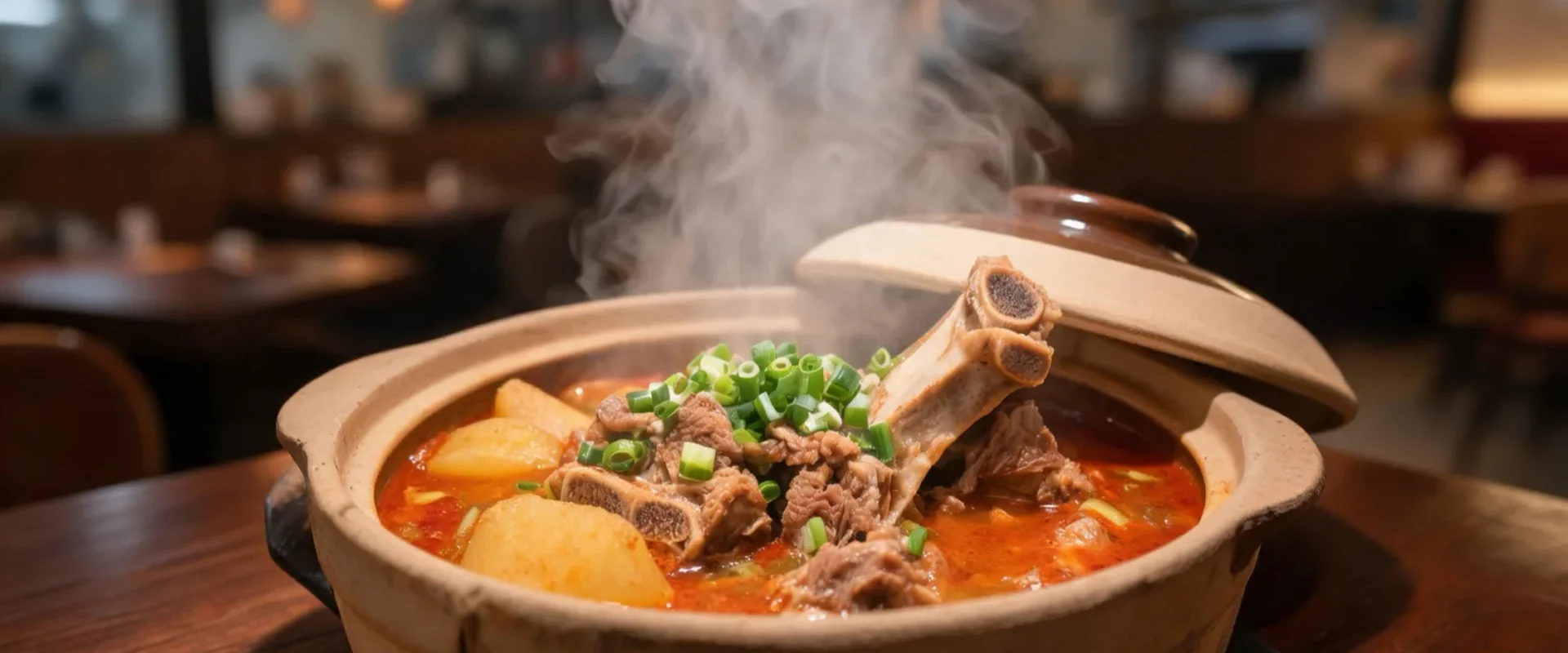 A steaming Korean-style meat stew