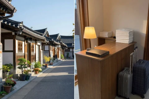 Two panels side by side: a narrow low-rise street of single-storey shopfronts in a historic Korean city, and a small accommodation reception corner with a plain wooden counter.